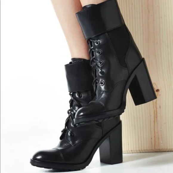Tory Burch Broome High Heel Leather Combat Boots - Picture 1 of 8